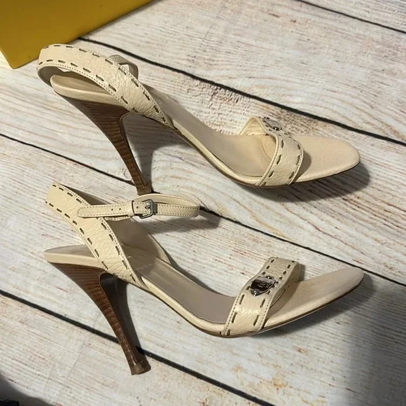 Fendi Leather logo strappy nude Beige party work heels Size 6 - Picture 6 of 11